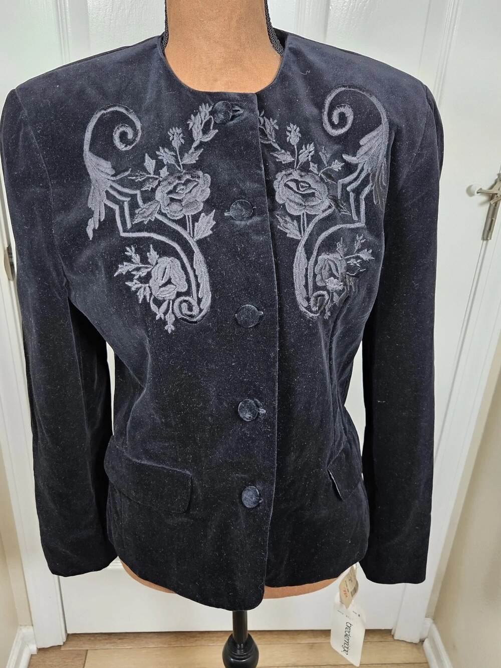 Breckenridge Velvet Blazer Jacket Black Floral Embroidered Cotton Womens Sz 8